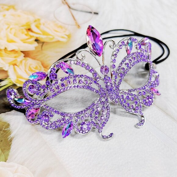 Purple Masquerade Ball Mask, Wedding Mask, Lavender Crystal Mask, Silver Mask - Picture 2 of 9
